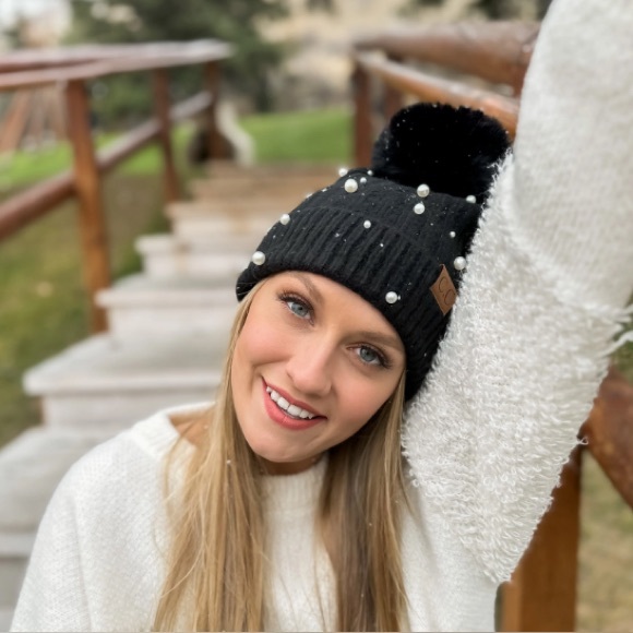 C.C Pearl Embellishments Pom Beanie (Black) - Picture 2 of 3